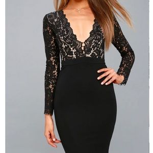 Lulu’s XS Swoon-er or Later Black Long Sleeve Lace Dress Plunging V-Neck New